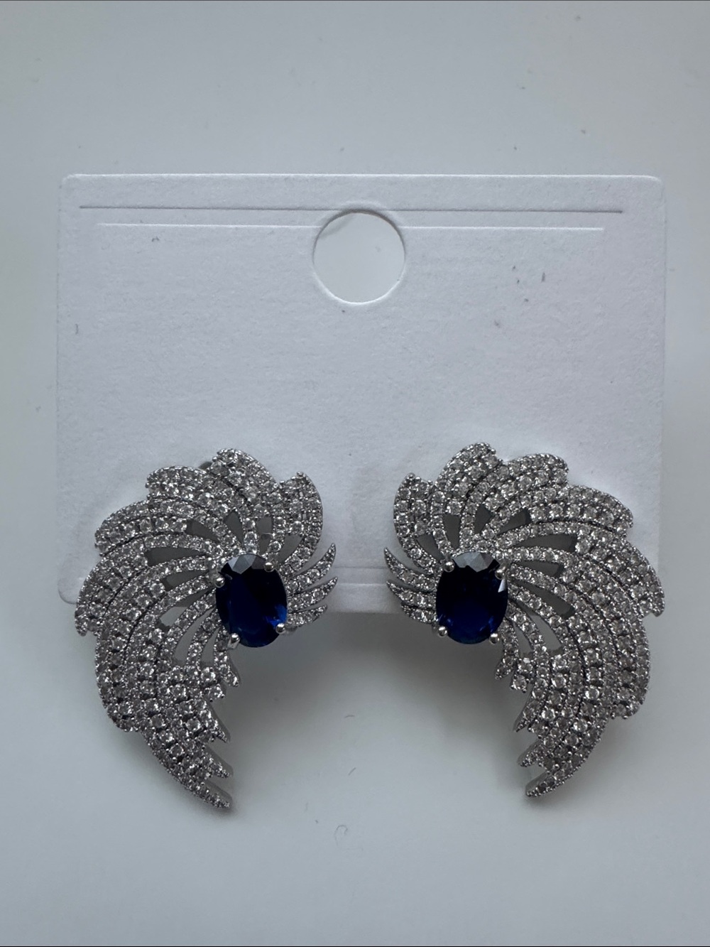 Silver-Tone Crystal Fan Stud Earrings with Deep Blue Stone